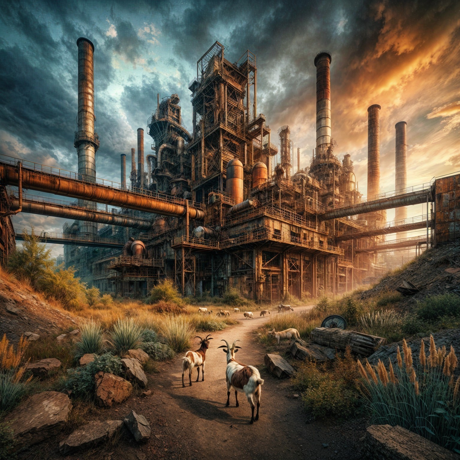 Abandoned Industrial Complex with Goats and Nature