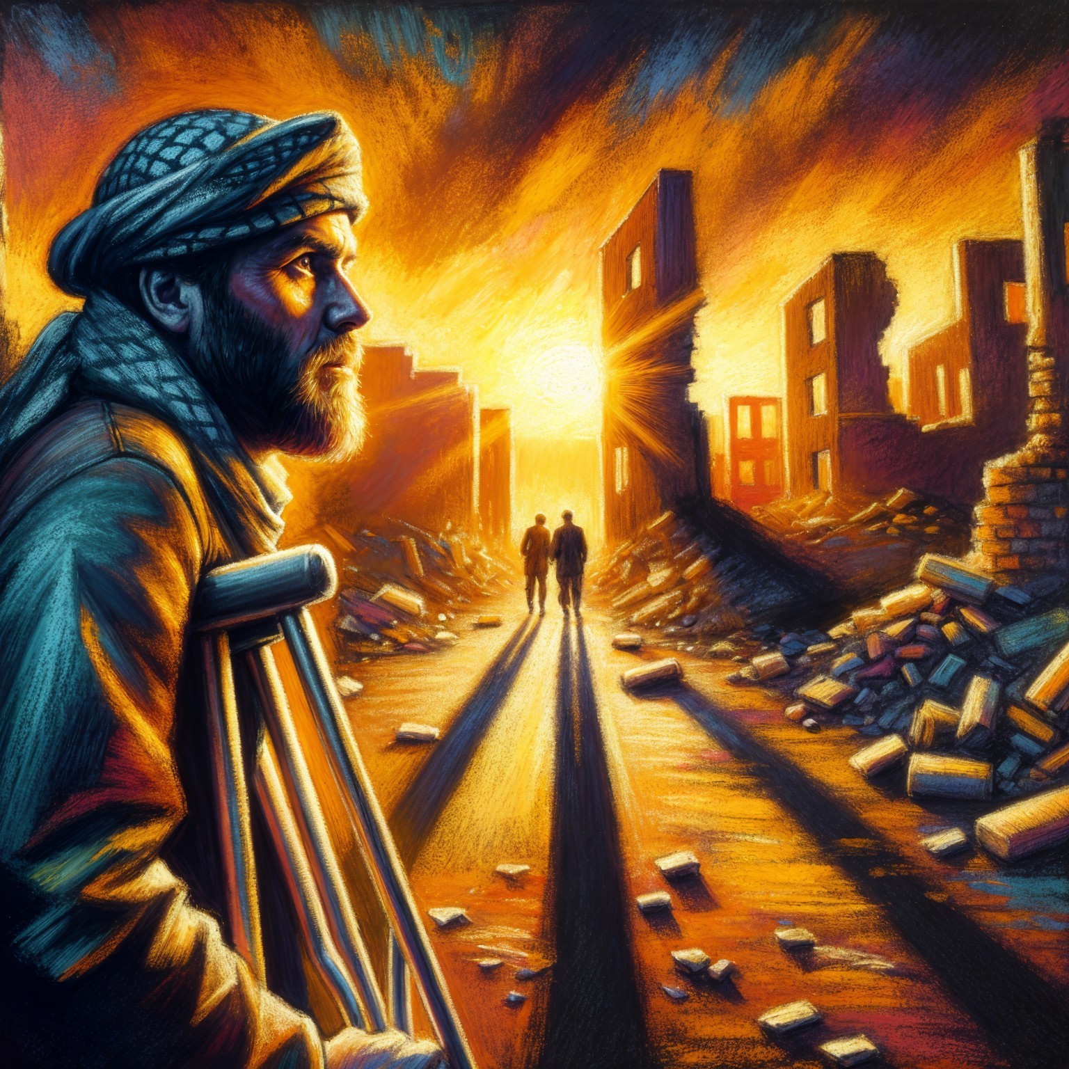 Bearded Man in War-Torn Landscape at Sunset
