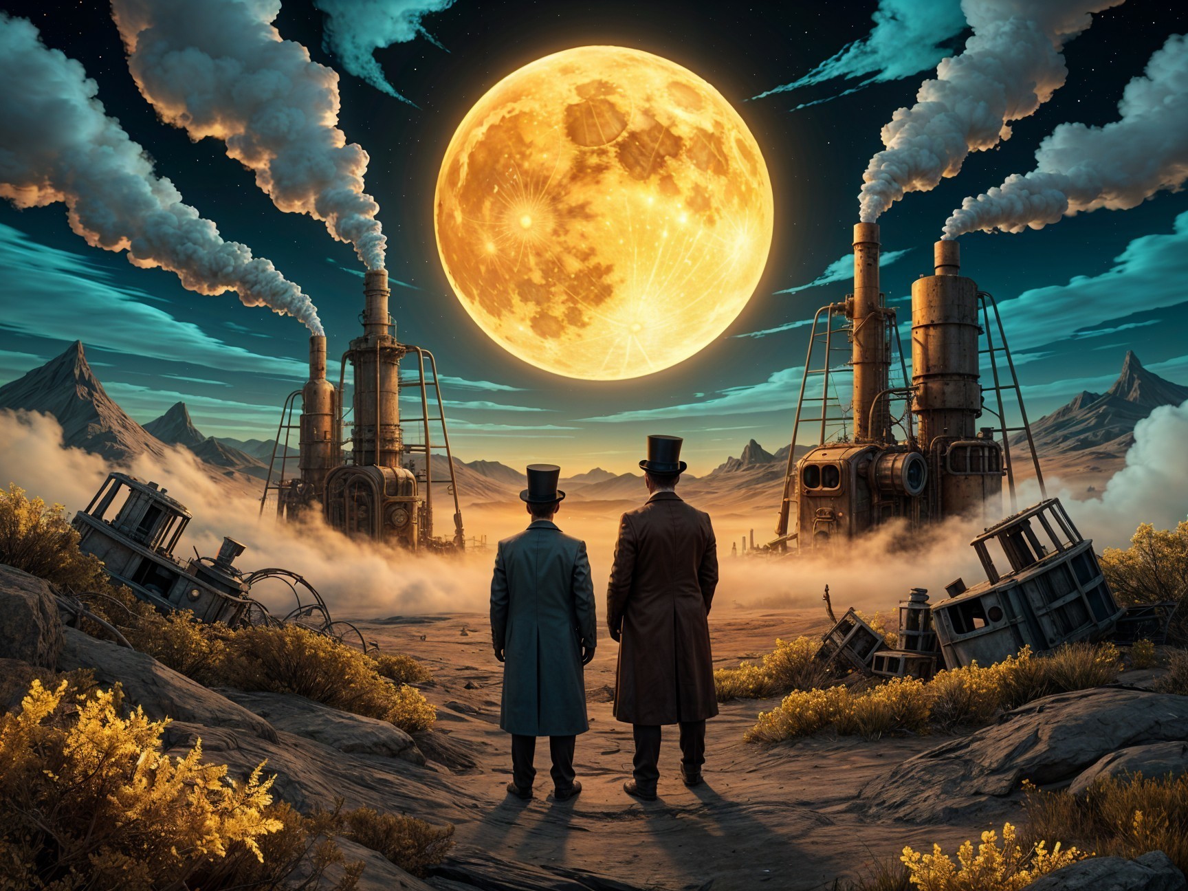 Victorian Figures in Desolate Landscape Under Moonlight