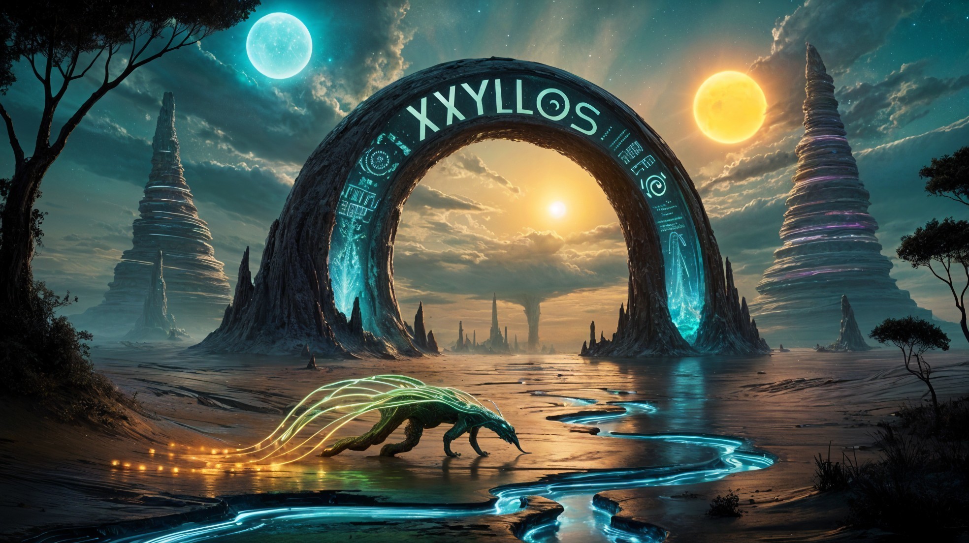 Surreal landscape with stone archway and glowing symbols