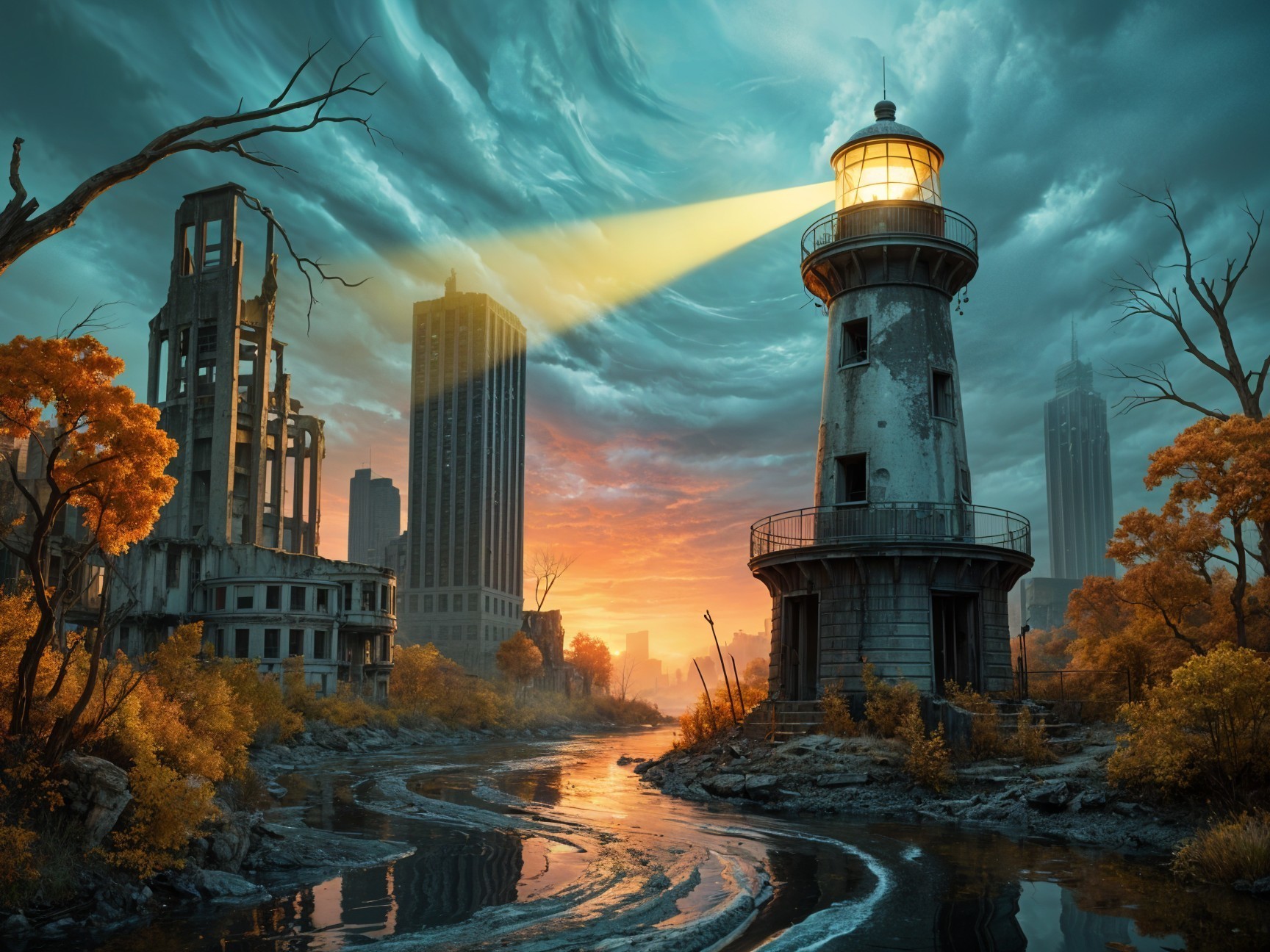 Lighthouse Amidst Decaying Skyscrapers and Autumn Trees