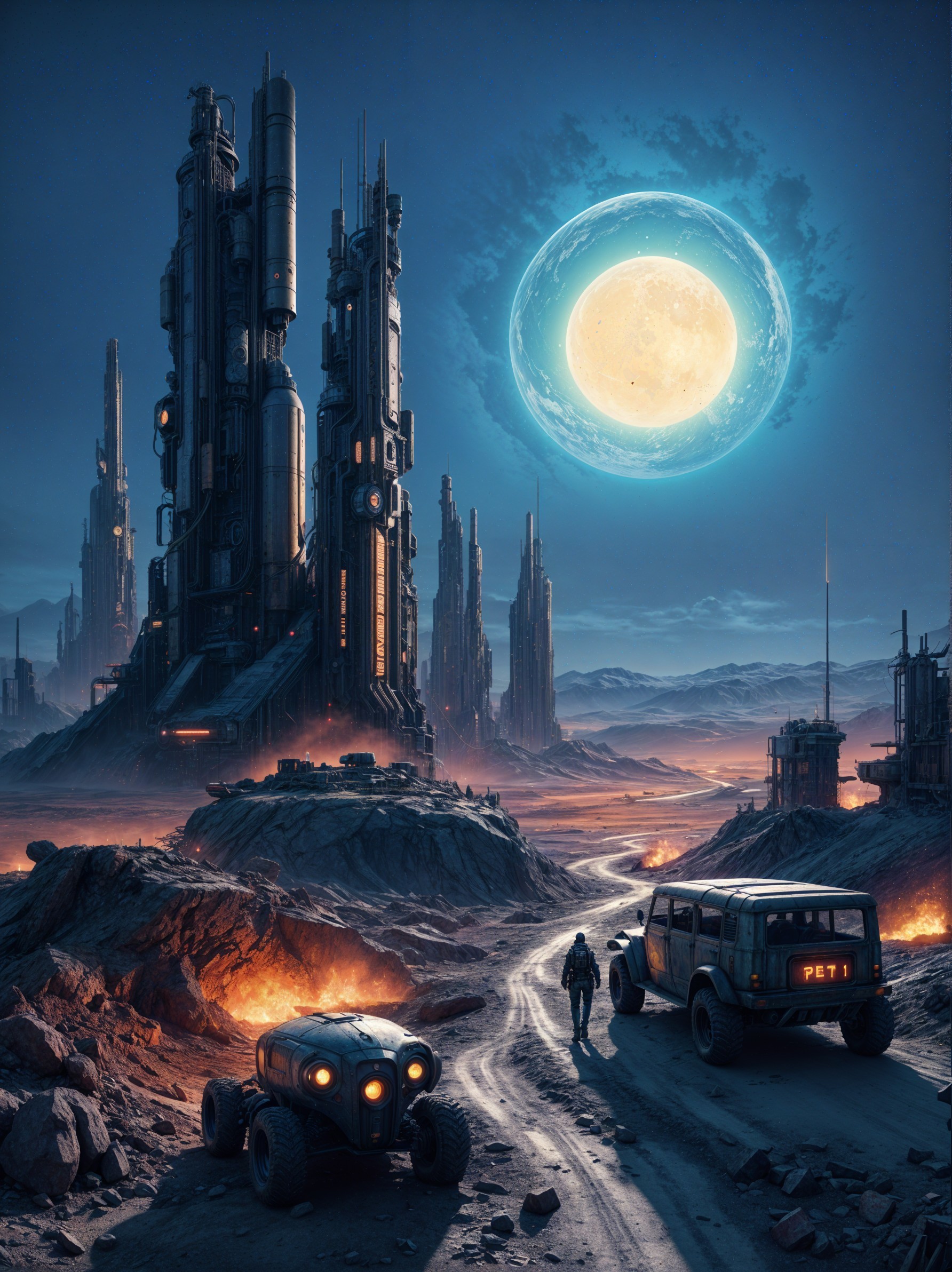 Futuristic Landscape with High-Tech Structures and Lava