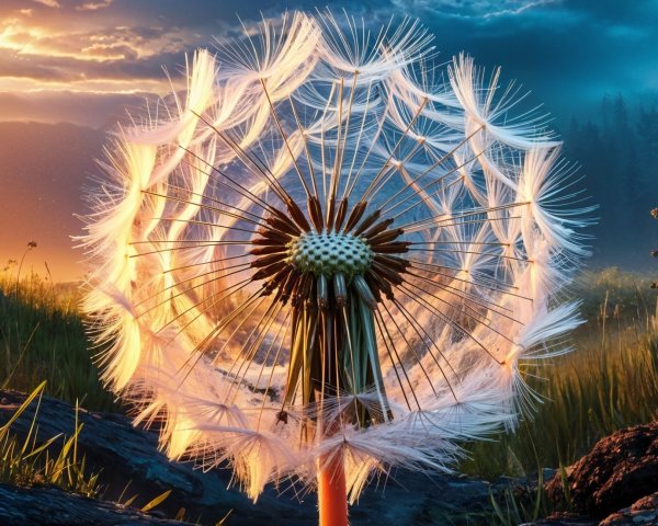 Dandelion Puff Against a Sunset Background