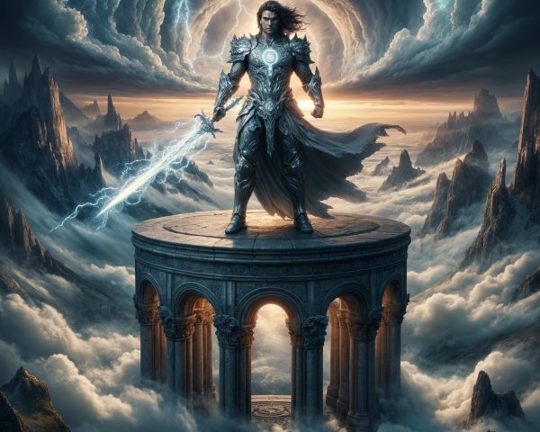 Heroic figure on pedestal with glowing sword and clouds