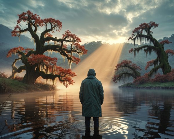 Solitary Figure in Autumn Landscape Reflection