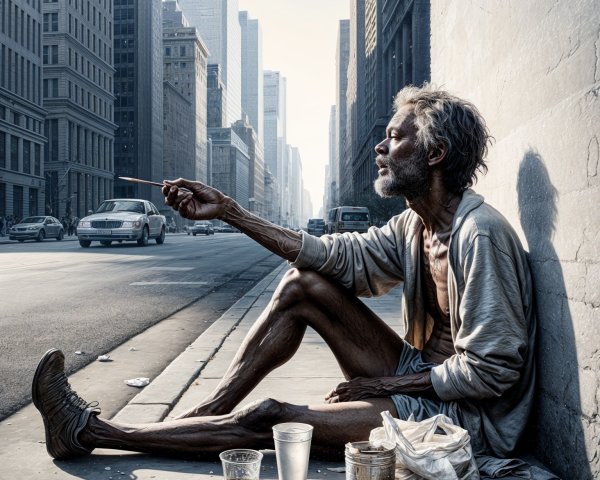 Weathered Man in Tattered Clothes Against City Wall