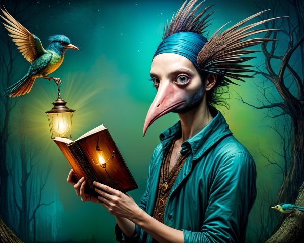 Surreal figure with bird head reading in mystical forest