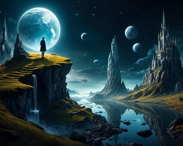 Solitary Figure Overlooking Serene Landscape at Night