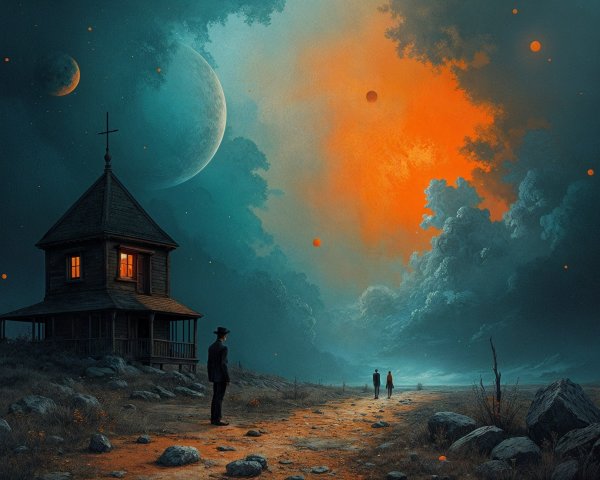 Mysterious Landscape with Wooden House and Celestial Sky