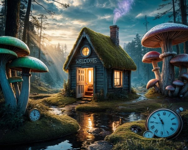 Whimsical Cottage in a Forest with Colorful Mushrooms