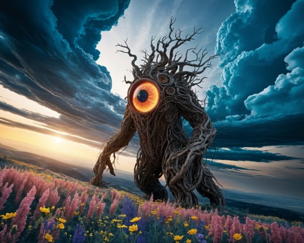 Colossal Creature Among Vibrant Wildflowers at Sunset