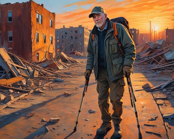 Elderly Man in Post-Apocalyptic City at Sunset