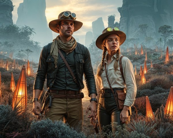 Explorers in a mystical landscape with glowing lanterns