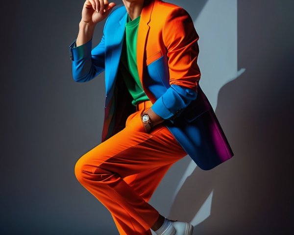 Stylish Male Model in Vibrant Suit and Sneakers