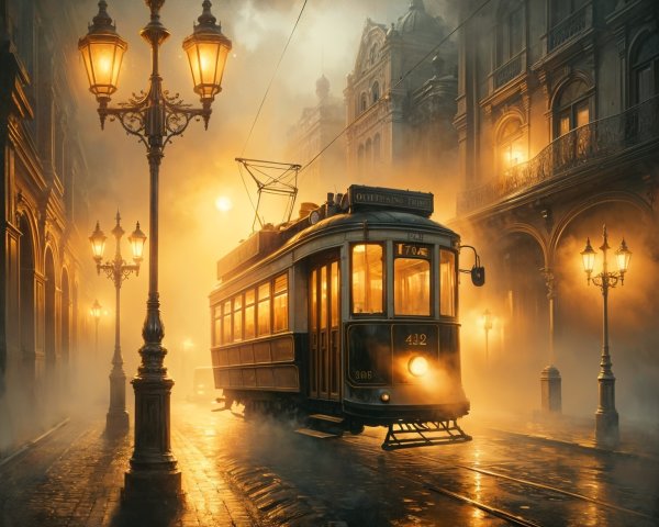 Vintage tram in a foggy, atmospheric street scene