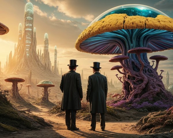 Surreal Landscape with Figures and Vibrant Mushrooms