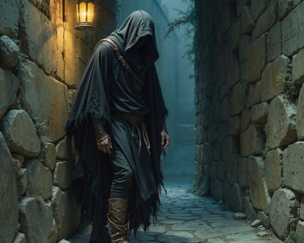 Cloaked Figure in Dimly Lit Medieval Alleyway
