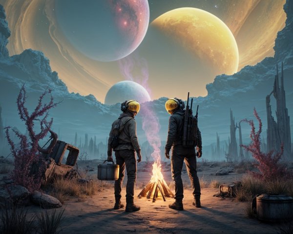 Astronauts by Campfire on Alien Landscape with Planets