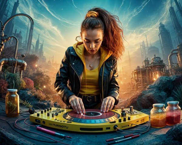 Young woman with DJ turntable in industrial setting