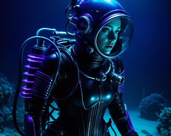 Futuristic Diver in High-Tech Suit Underwater Scene