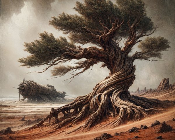 Ancient Tree and Ship in a Desolate Landscape