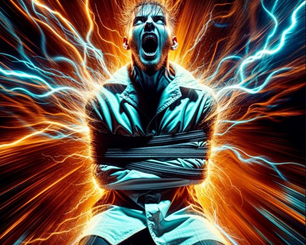 Dramatic Scene of a Bound Man Amidst Energy Bursts