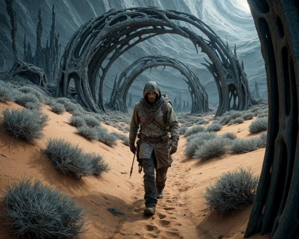 Hooded Figure in Surreal Desert Landscape with Structures
