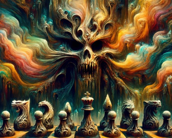 Surreal Chessboard with Intricate Pieces and Skull Backdrop