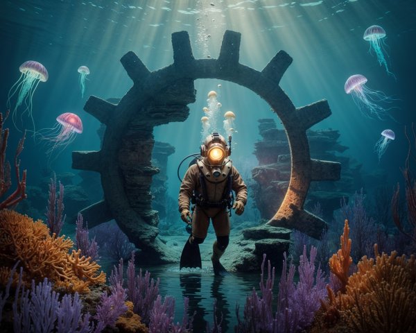 Vintage Deep-Sea Diver Explores Coral Reefs and Jellyfish