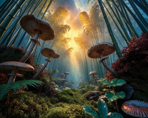 Bamboo Forest with Light, Foliage, and Mushrooms