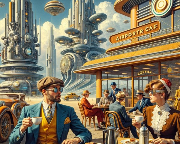 Futuristic Cafe with Elegant Patrons and Architecture