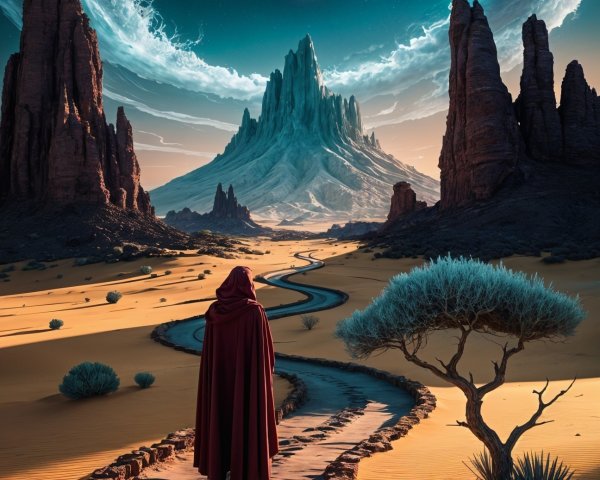 Cloaked Figure on Desert Path with Dramatic Sky