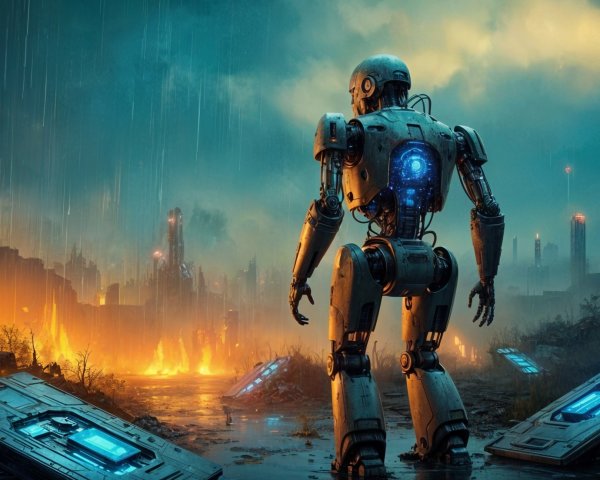 Robot in a desolate post-apocalyptic landscape