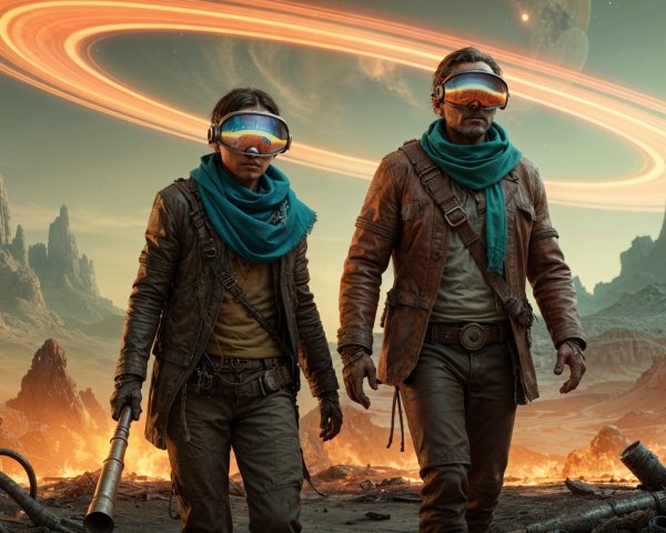Explorers in Futuristic Attire in Alien Landscape