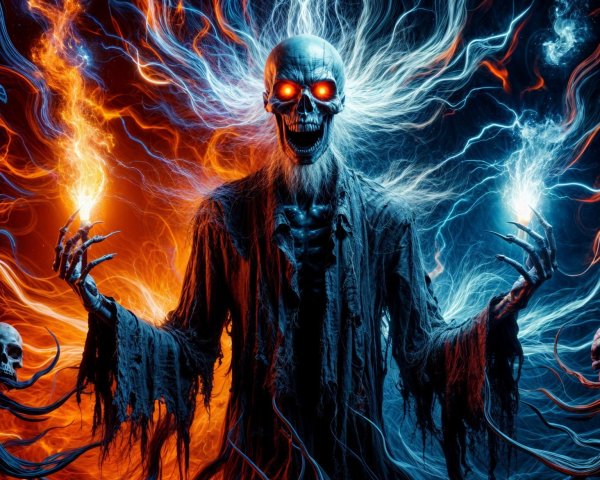 Skeletal Figure Surrounded by Flames and Darkness