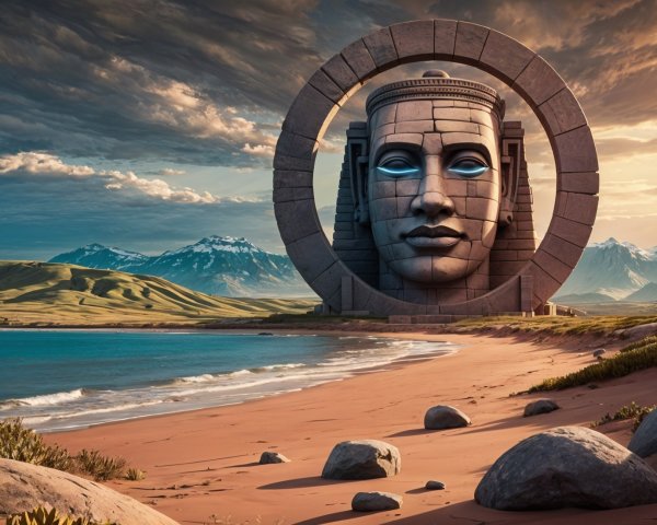 Colossal Stone Face Sculpture on Tranquil Beach