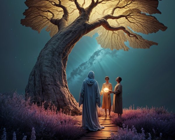 Majestic luminous tree under a starry night sky