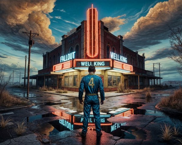 Lone Figure at Neon-Lit Diner in Post-Apocalyptic Setting