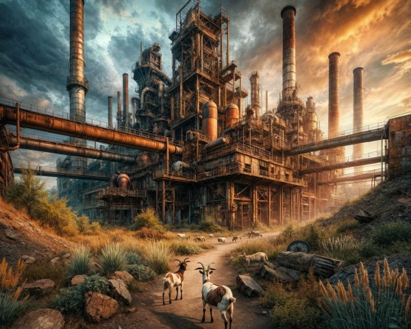 Abandoned Industrial Complex with Goats and Nature