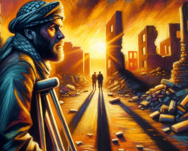 Bearded Man in War-Torn Landscape at Sunset