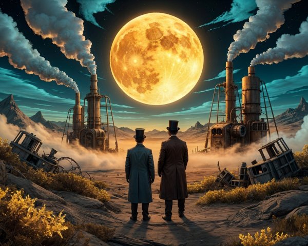 Victorian Figures in Desolate Landscape Under Moonlight