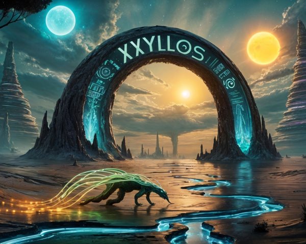 Surreal landscape with stone archway and glowing symbols