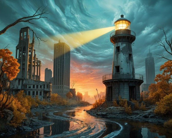 Lighthouse Amidst Decaying Skyscrapers and Autumn Trees