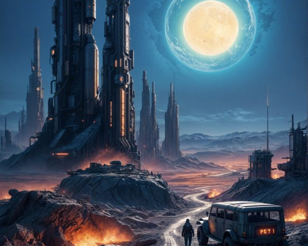 Futuristic Landscape with High-Tech Structures and Lava