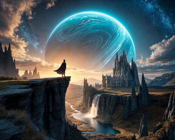 Solitary Figure Overlooks Cliffside Landscape and Castle