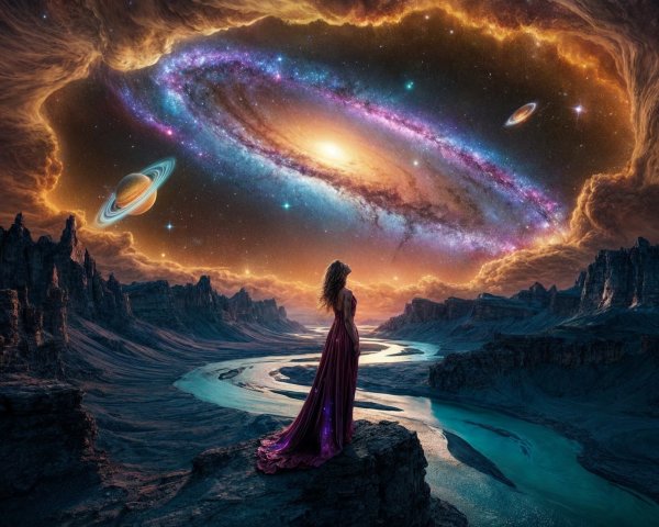 Silhouetted Figure Overlooking Cosmic Scene and River