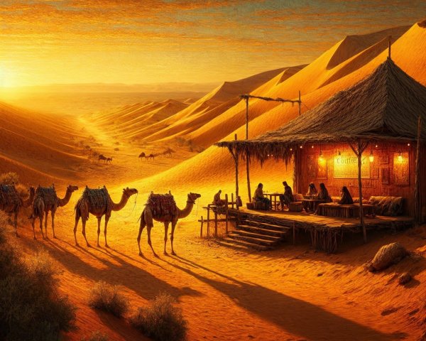Desert Sunset Scene with Hut and Gathering Camels