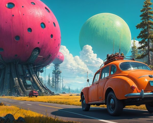 Surreal Landscape with Vintage Car and Colorful Spheres