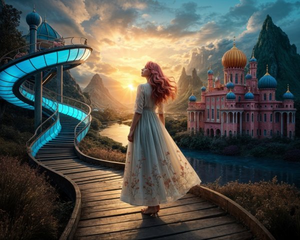 Young woman with pink hair by sunset and palace