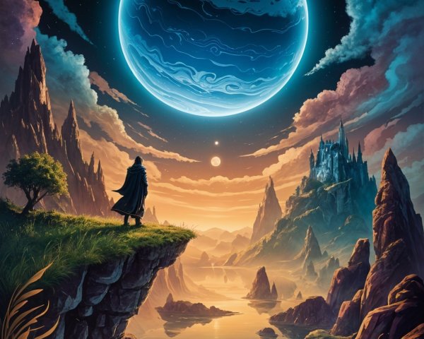 Cloaked Figure Overlooks Surreal Landscape at Sunset